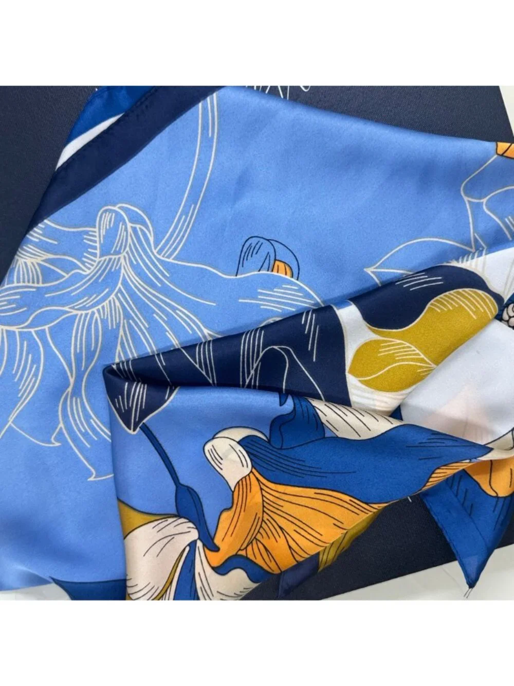Elegant Bandana Floral Silky Square Scarf Luxurious BLUE ORANGE Soft Satin Hijab